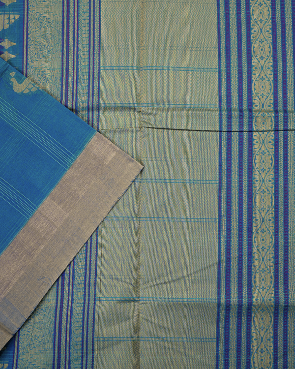 PURE COTTON SAREES - Teal Blue with Silver Grey