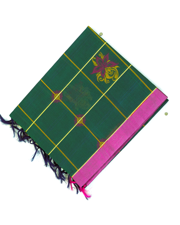 PURE COTTON SAREES - Deep Emerald Green with Rani Pink & Gold