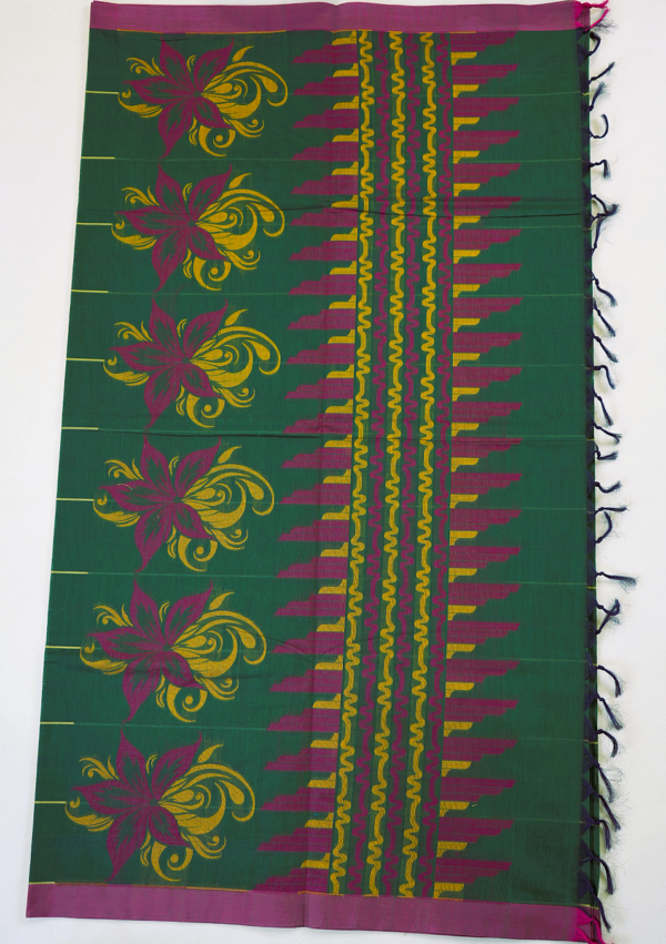 PURE COTTON SAREES - Deep Emerald Green with Rani Pink & Gold