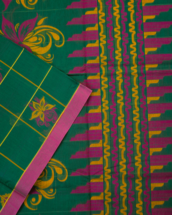 PURE COTTON SAREES - Deep Emerald Green with Rani Pink & Gold