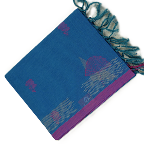 PURE COTTON SAREES - Denim Blue with Magenta Purple