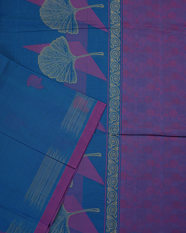 07 PURE COTTON SAREES - Denim Blue with Magenta Purple