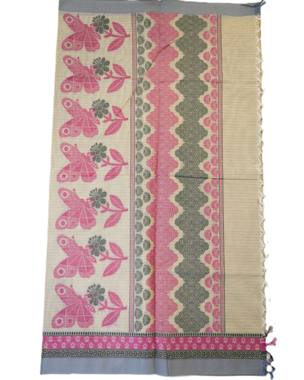 .1 PURE COTTON SAREES - Beige Grey with Pink & Charcoal Grey