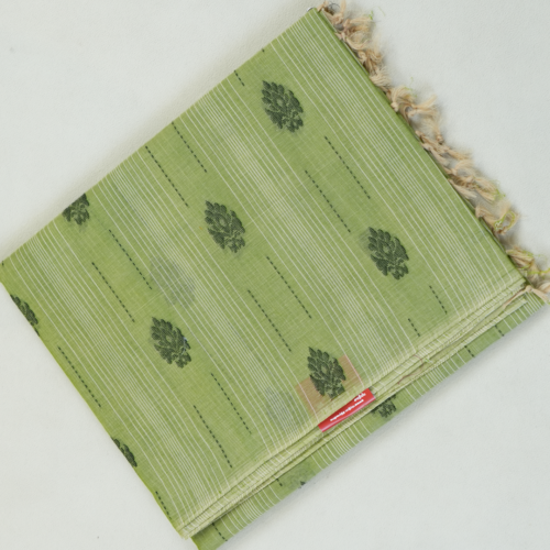 PURE COTTON SAREE - Light Olive Green with Dark Green