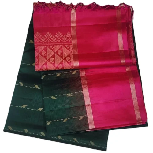 SOFT SILK SAREE - Dark Bottle Green with Magenta Pink Contrast