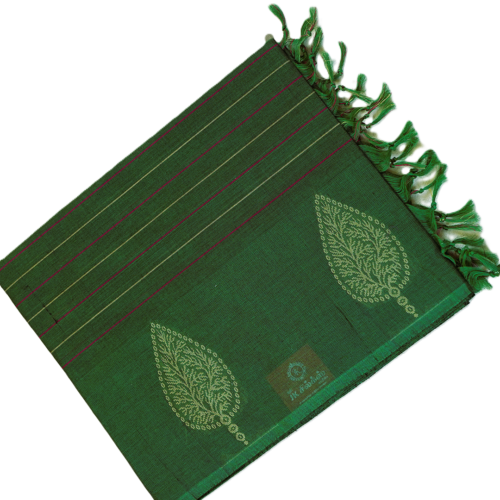 PURE COTTON SAREES -  Deep Forest Green with Lime Green & Magenta Accents