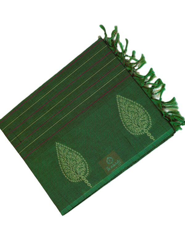 PURE COTTON SAREES -  Deep Forest Green with Lime Green & Magenta Accents