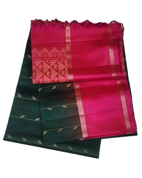SOFT SILK SAREE - Dark Bottle Green with Magenta Pink Contrast
