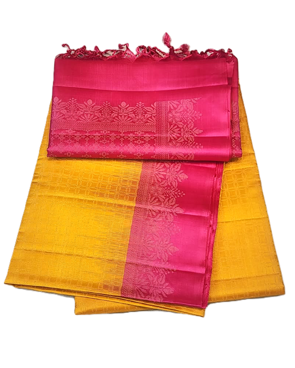 1 SOFT SILK SAREES - Mustard Yellow with Rani Pink