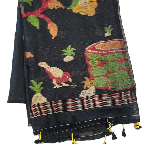 PURE COTTON SAREE -  Charcoal Black with Multicolor Floral & Fruit Motifs