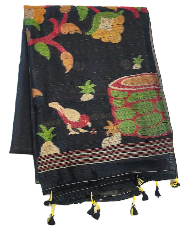 PURE COTTON SAREE -  Charcoal Black with Multicolor Floral & Fruit Motifs