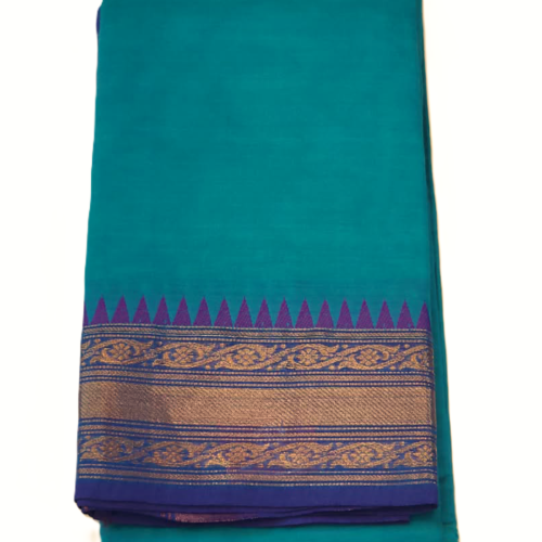 CHETTINAD COTTON SAREES  - Peacock Teal with Royal Blue and Antique Gold