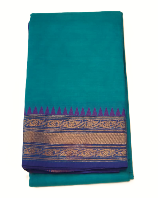 ..1 CHETTINAD COTTON SAREES - Peacock Teal with Royal Blue and Antique Gold