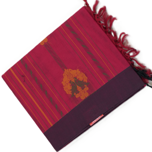 PURE COTTON SAREE - Wine Red with Plum Purple & Mustard Gold