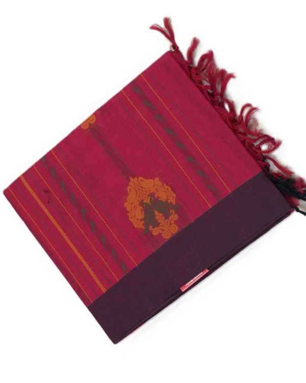 PURE COTTON SAREE - Wine Red with Plum Purple & Mustard Gold