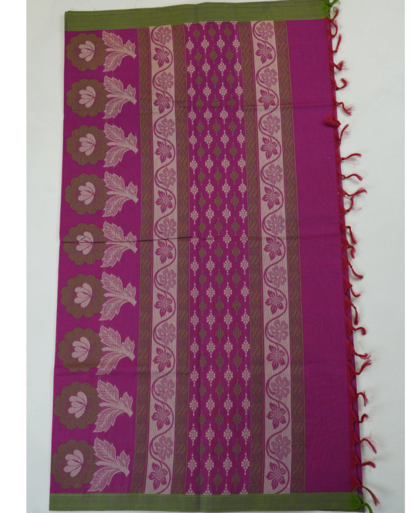 PURE COTTON SAREE - Magenta Pink with Olive Green Border