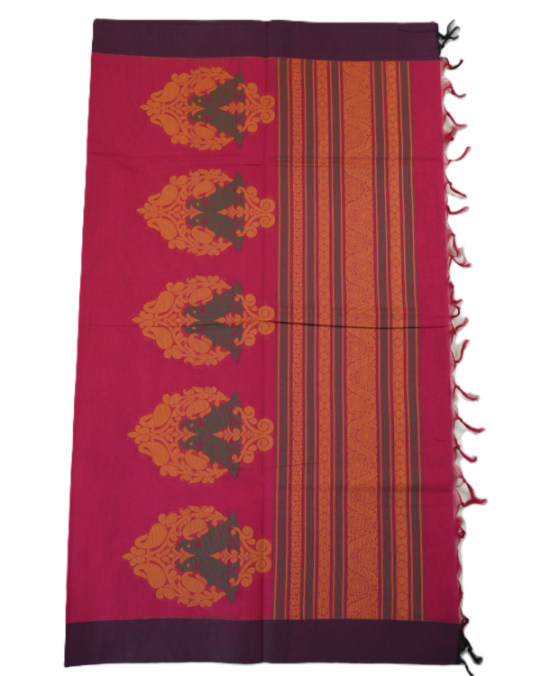 PURE COTTON SAREE - Wine Red with Plum Purple & Mustard Gold