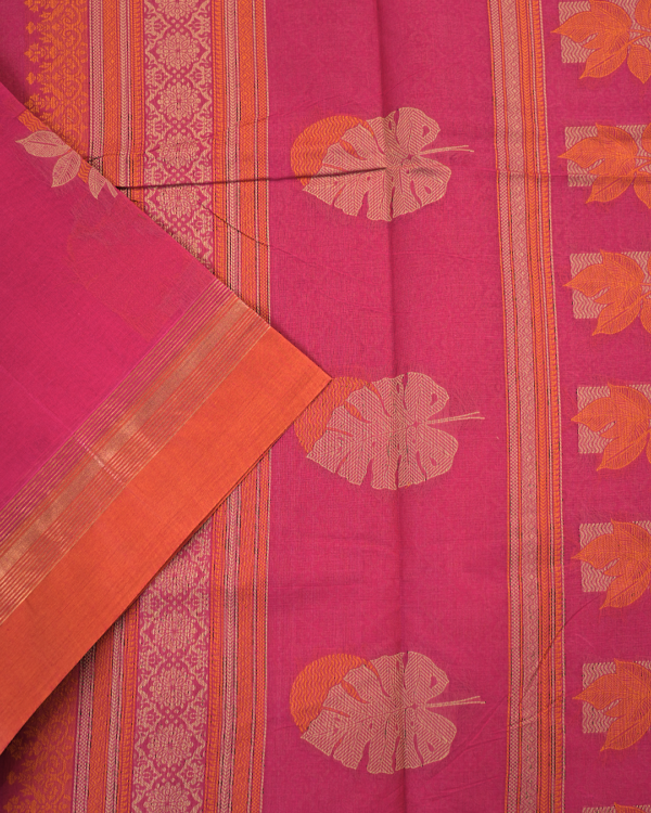11 PURE COTTON SAREES - Magenta with Copper Orange Border