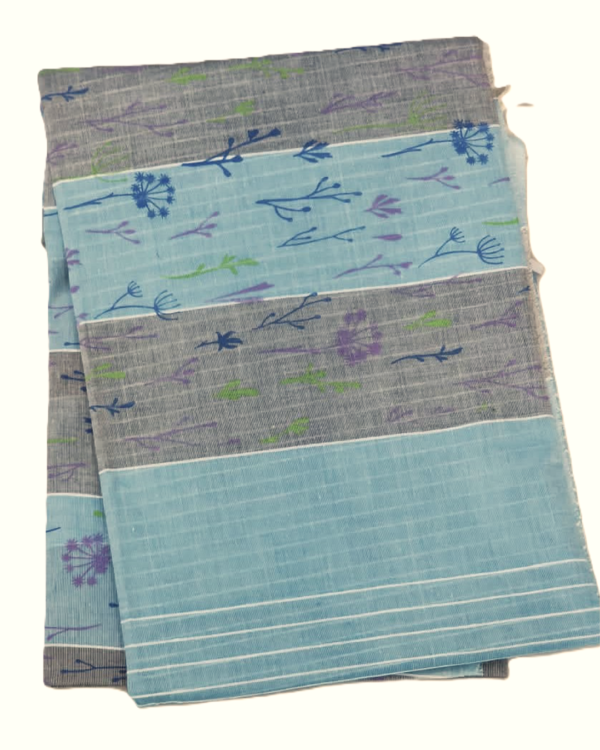 COTTON SAREES - Pastel Aqua Blue with Grey and Multicolour Floral Print