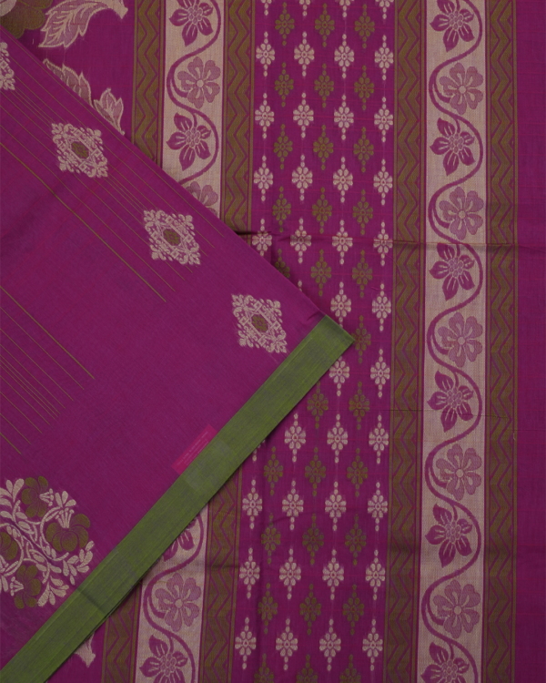 PURE COTTON SAREE - Magenta Pink with Olive Green Border