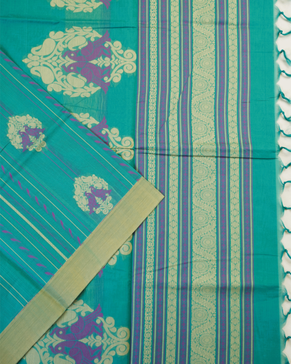 .11 PURE COTTON SAREES - Aqua Teal with Cream & Purple