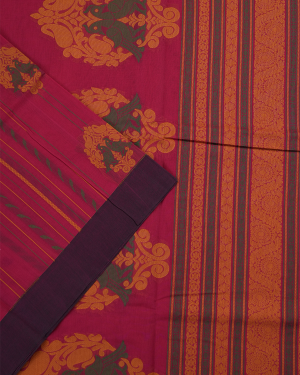 PURE COTTON SAREE - Wine Red with Plum Purple & Mustard Gold
