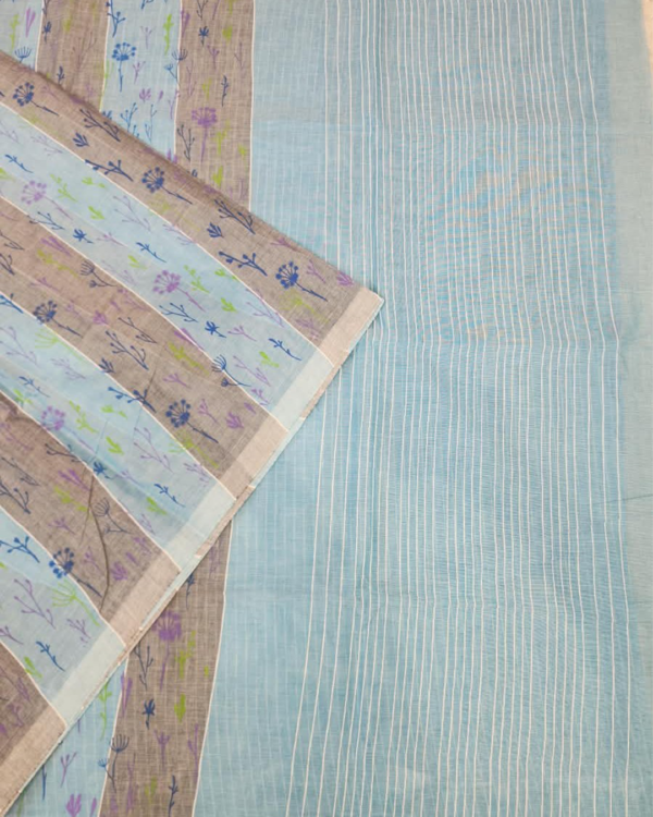 COTTON SAREES - Pastel Aqua Blue with Grey and Multicolour Floral Print