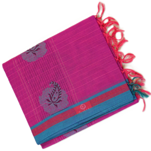 PURE COTTON SAREES - Magenta with Teal Blue & Coral