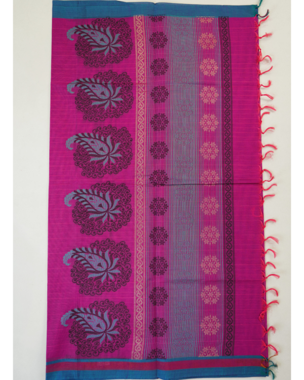 .14 PURE COTTON SAREES - Magenta with Teal Blue & Coral