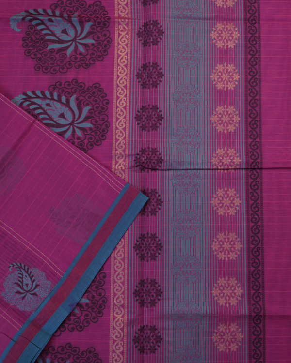 .15 PURE COTTON SAREES - Magenta with Teal Blue & Coral