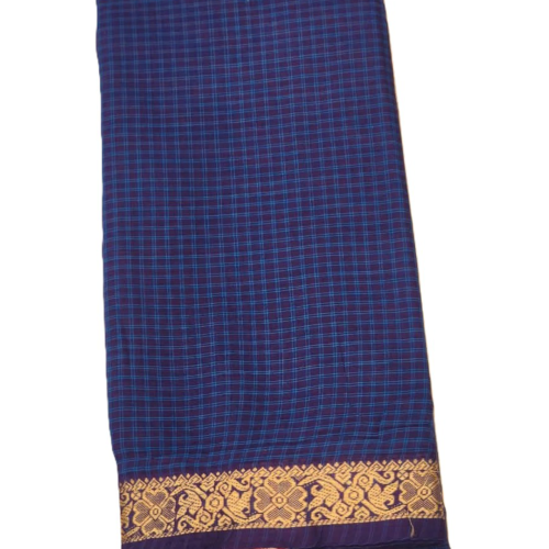 ...16 CHETTINAD COTTON SAREES - Royal Blue with Teal Blue Checks & Antique Gold