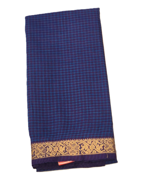 ...16 CHETTINAD COTTON SAREES - Royal Blue with Teal Blue Checks & Antique Gold