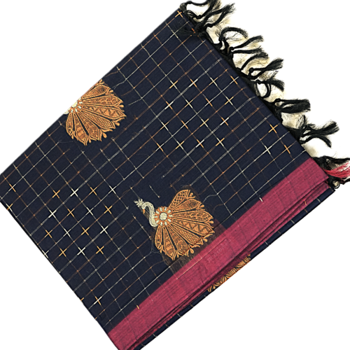 PURE COTTON SAREE - Midnight Navy Blue with Wine & Antique Gold