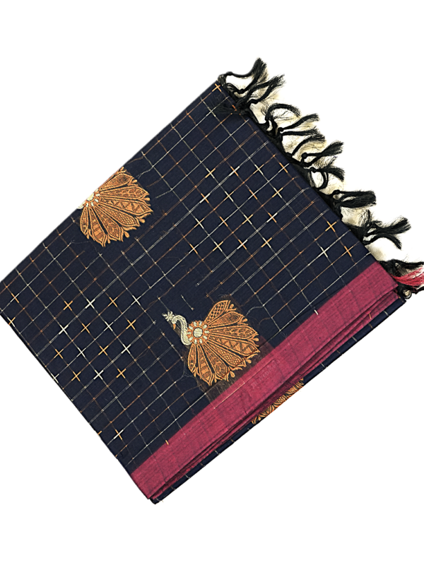 PURE COTTON SAREE - Midnight Navy Blue with Wine & Antique Gold