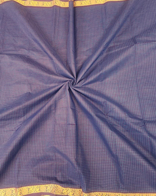 ...17 CHETTINAD COTTON SAREES - Royal Blue with Teal Blue Checks & Antique Gold