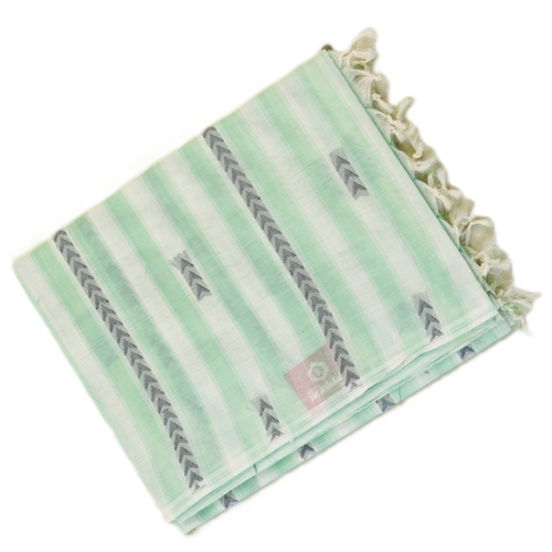 PURE COTTON SAREES - Mint Green with White & Charcoal Grey