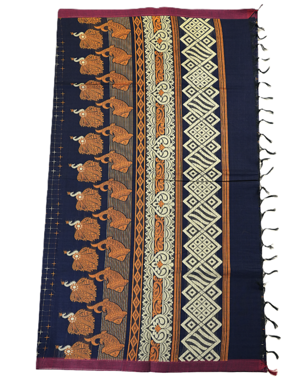 PURE COTTON SAREE - Midnight Navy Blue with Wine & Antique Gold