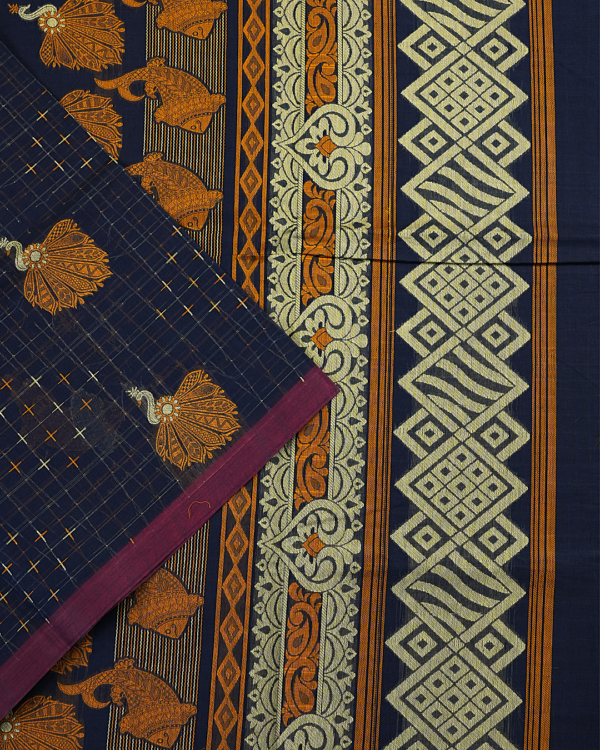 PURE COTTON SAREE - Midnight Navy Blue with Wine & Antique Gold