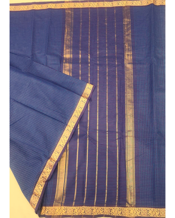 ...19 CHETTINAD COTTON SAREES - Royal Blue with Teal Blue Checks & Antique Gold