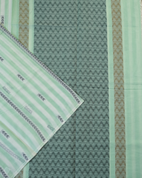 PURE COTTON SAREES - Mint Green with White & Charcoal Grey