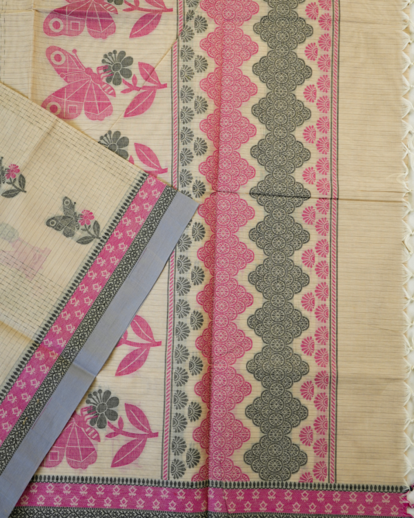 .2 PURE COTTON SAREES - Beige Grey with Pink & Charcoal Grey