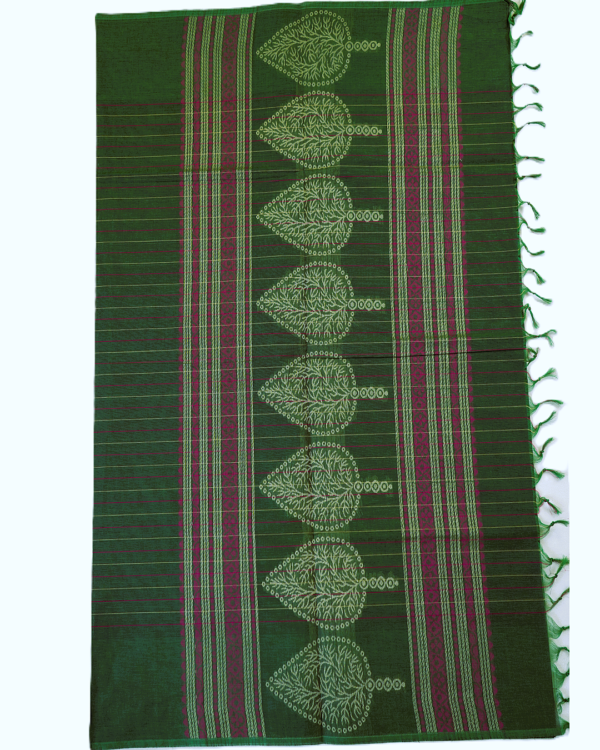 PURE COTTON SAREES -  Deep Forest Green with Lime Green & Magenta Accents