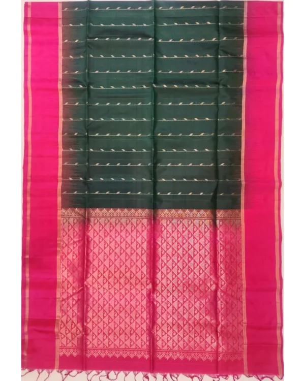 SOFT SILK SAREE - Dark Bottle Green with Magenta Pink Contrast