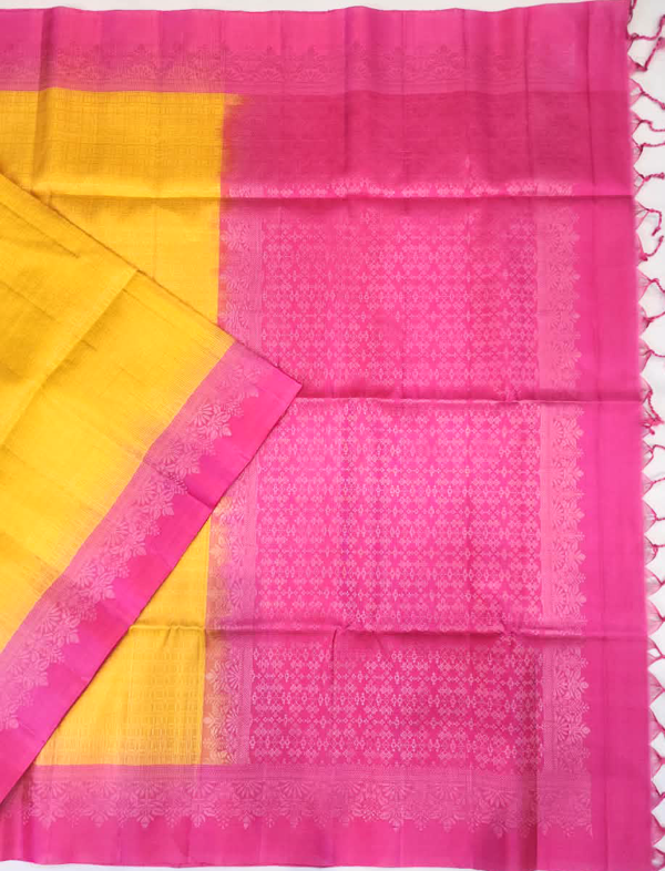 2 SOFT SILK SAREES - Mustard Yellow with Rani Pink