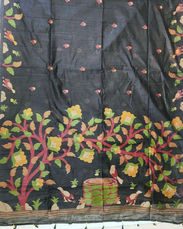 PURE COTTON SAREE -  Charcoal Black with Multicolor Floral & Fruit Motifs