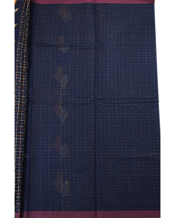 PURE COTTON SAREE - Midnight Navy Blue with Wine & Antique Gold