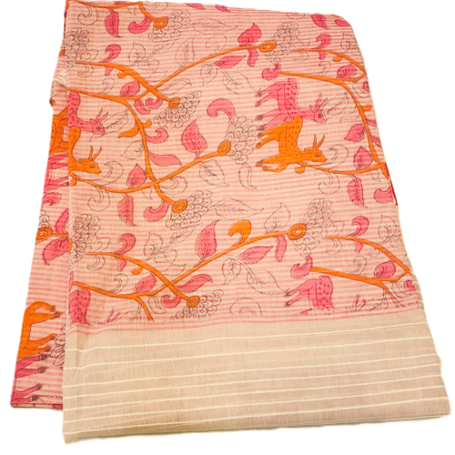 COTTON SAREES  -  Blush Peach with Coral Pink, Orange and Beige