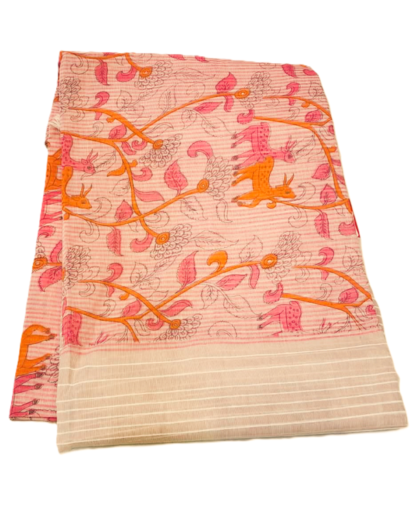 COTTON SAREES  -  Blush Peach with Coral Pink, Orange and Beige