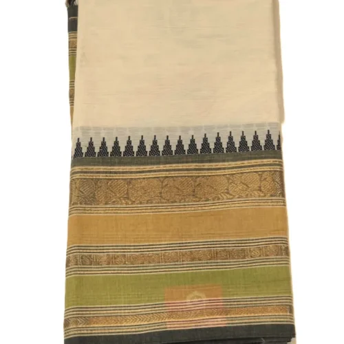 20 CHETTINAD COTTON SAREES - Cream Beige with Olive Green, Antique Gold & Black