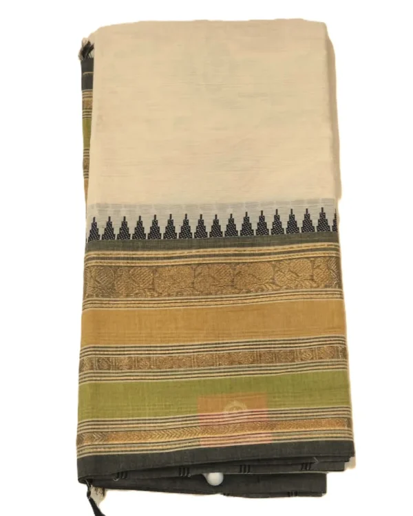 CHETTINAD COTTON SAREES  - Cream Beige with Olive Green, Antique Gold & Black